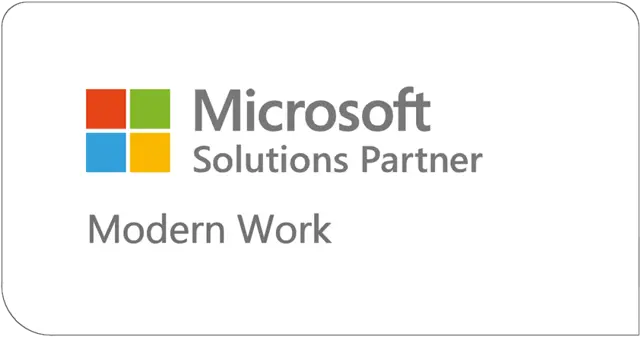 Microsofts logo med teksten «Microsoft Solutions Partner Modern Work», alt plassert i en hvit boks med grå ramme.